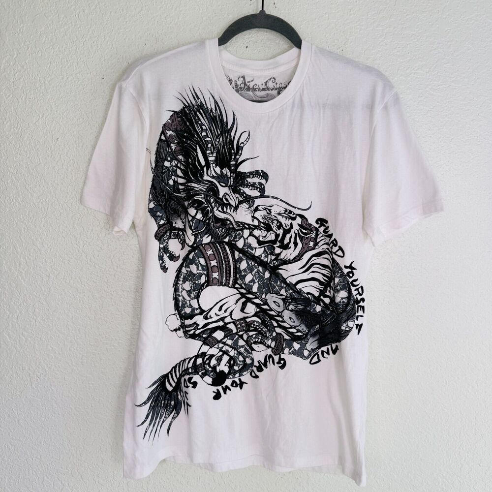 Y2K Shirt Mens Medium Dragon Tiger Metallic Asian Tattoo Art Tshirt Key Closet